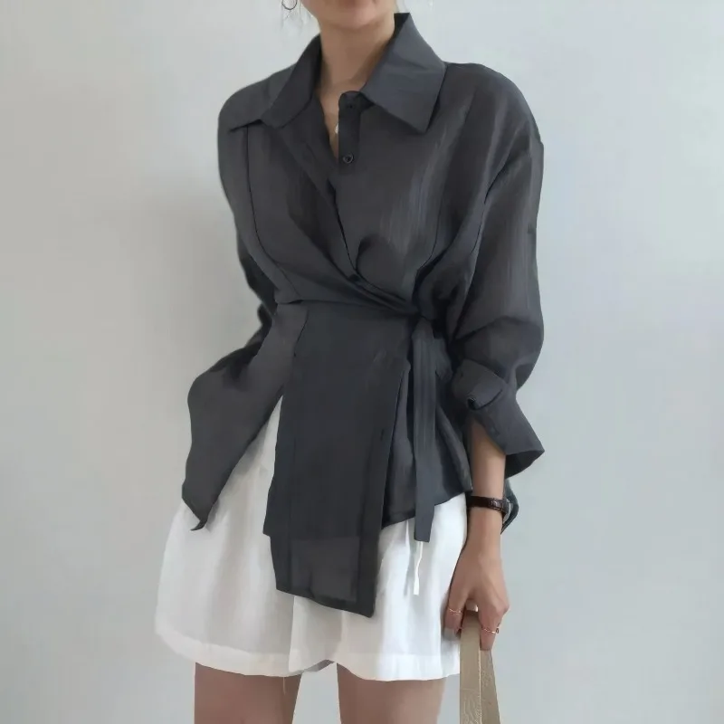 フランス製高級ライトラグジュアリーシャツ、面接用韓国版長袖薄手プロフェッショナル女性用サマーシャツ