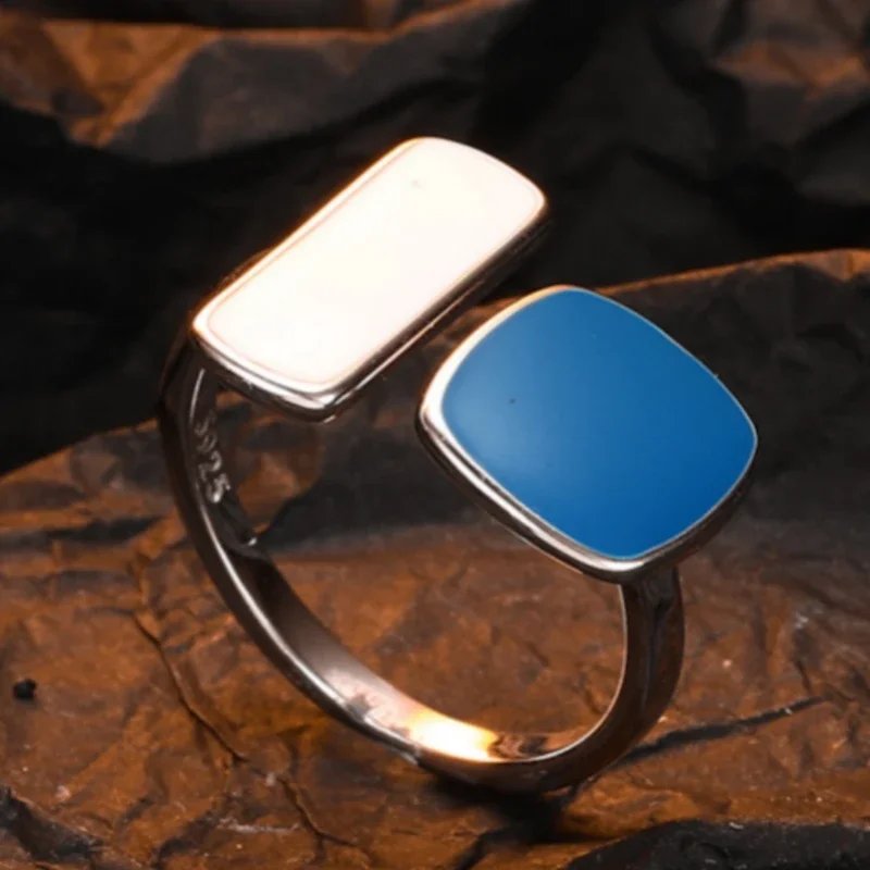 S925 Sterling Silver Rings For Women Men New Fashion Geometric Shaped Enamel Adjustable Punk Simple Jewelry Christmas Gift