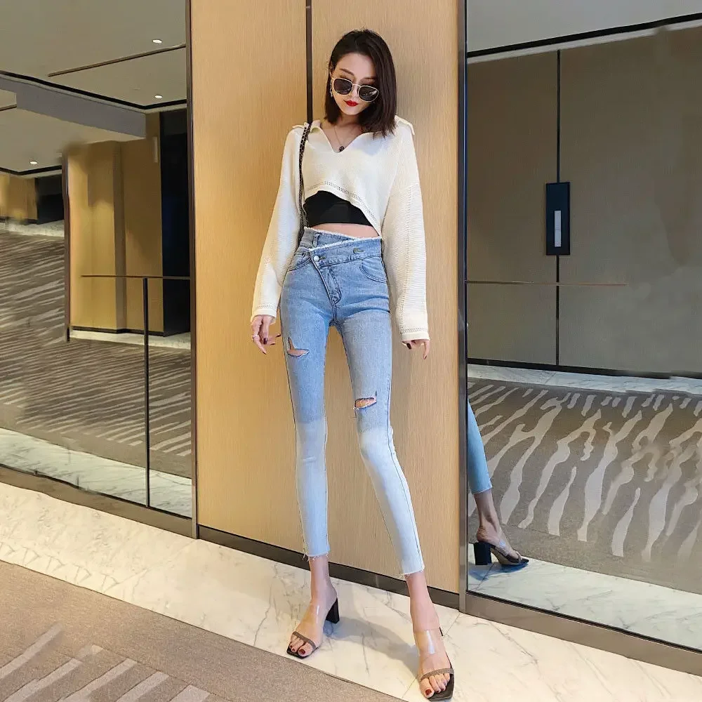 

Woman Jeans Pants High Waist Ripped Autumn Gradient Stretch Tight Skinny Pants Pantalones Vaqueros Mujer