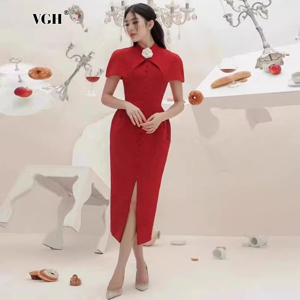 

VGH Spliced Appliques Slimming Long Dresses For Women Turtleneck Short Sleeve High Waist Spliced Single Breasted Dress Female