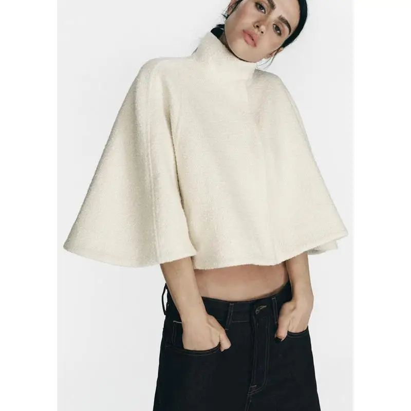 

Autumn Winter Women's Loose Wool Blend ort Coat Collar Cowl Ne Jaet New Arrival Faion Outerwear Polyester Fiber
