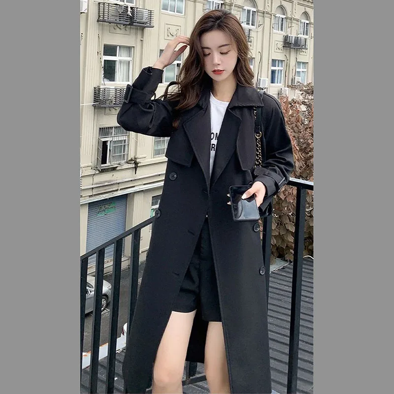 2025 가을 슬림 트렌치 코트 여성용 솔리드 턴다운 칼라 긴팔 벨트 장식 더블 브레스티드 여성 코트