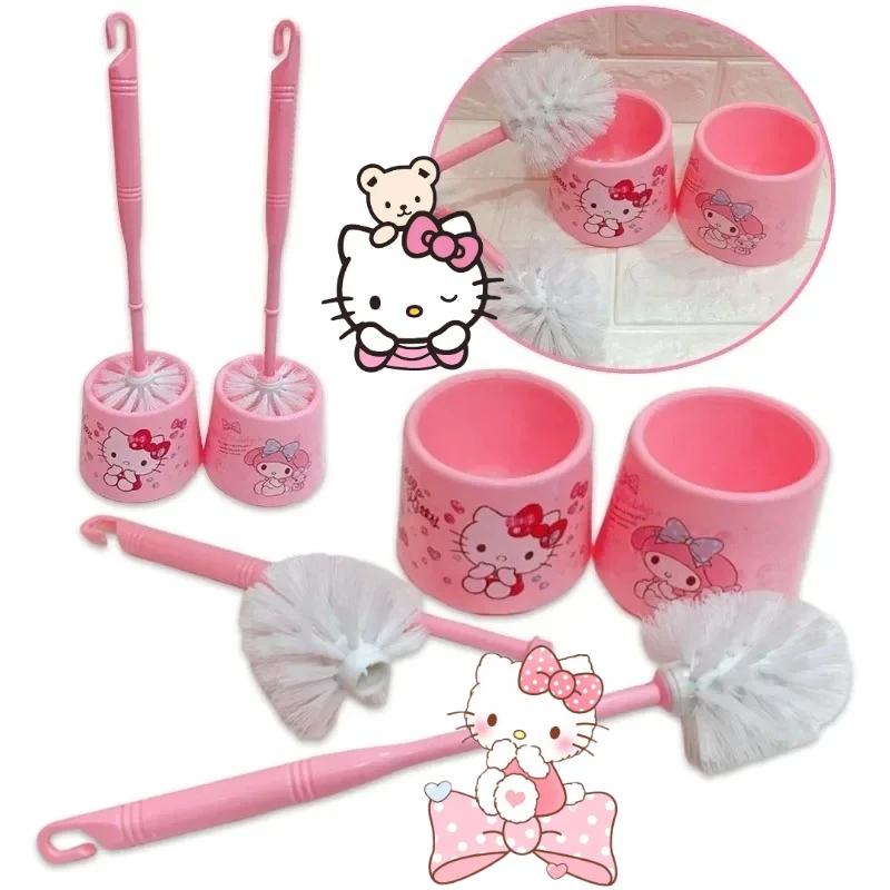 سانريو هالو كيتي فرشاة المرحاض الكرتون تنظيف أداة فرشاة الحمام الشعر الناعم مقبض طويل فرش مع قاعدة مجموعة فرشاة المرحاض