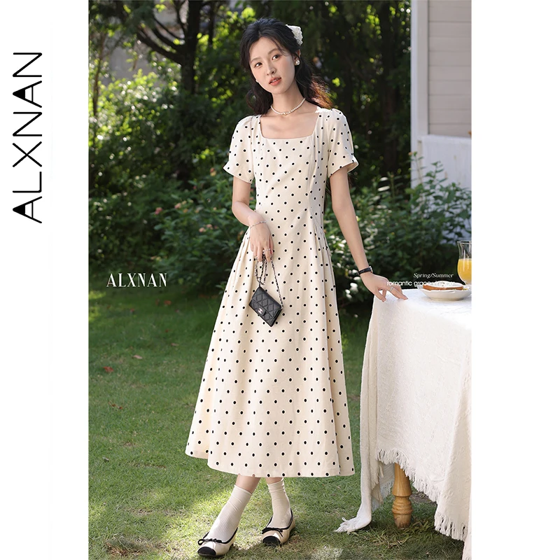 

ALXNAN Long Polka Dot Dress Elegant Square Neck Short Sleeve Dress Women 2026 Casual Holiday Party Ladies Clothing L53712-2