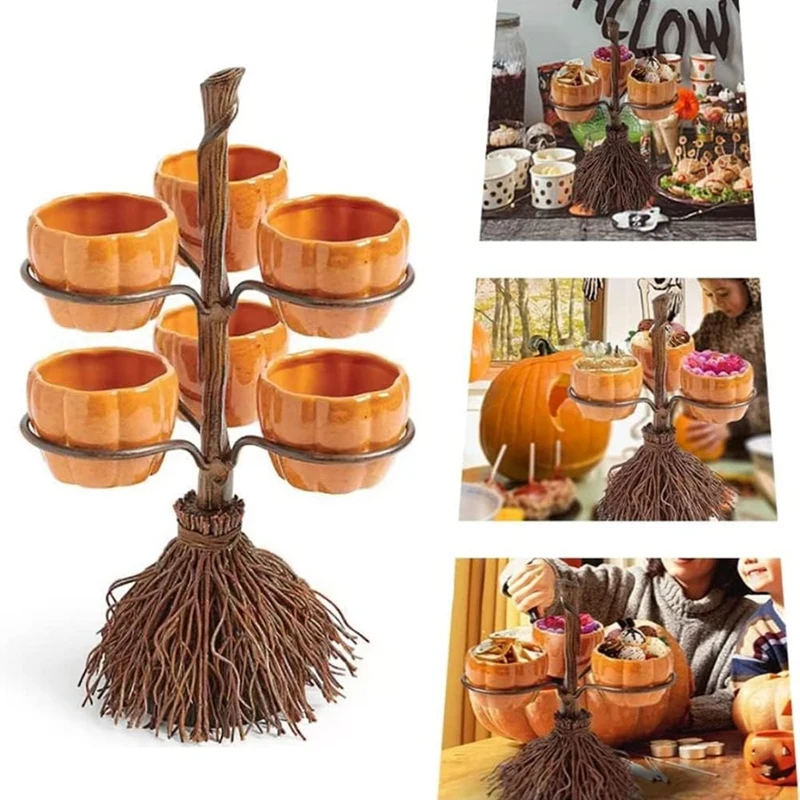 Halloween Broomstick Snack Bowl Stand Resin Pumpkin Cup Broom Tray Halloween Pumpkin Snack Tray, Detachable Resin