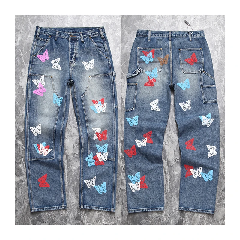 Wholesale High Quality Cotton Denim Pants Puff Printing Loose Casual Colorful Butterfly About Dream Vintage Streetwear Men Jeans