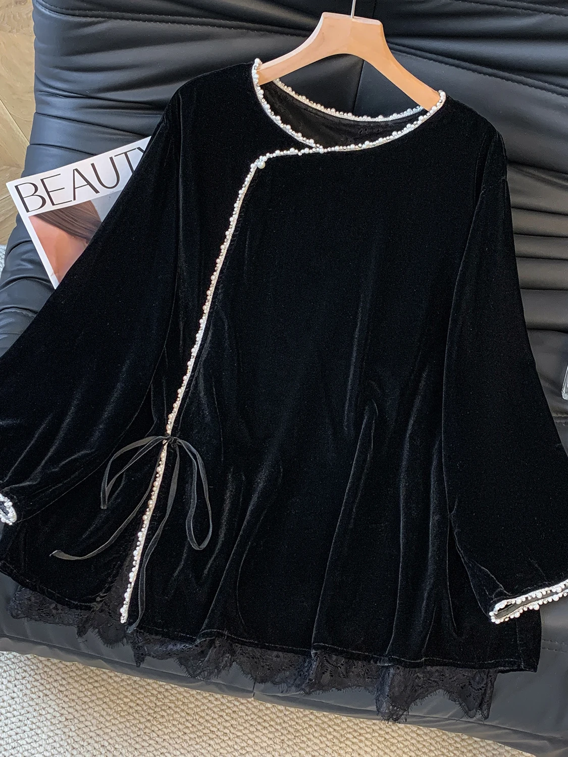 

Бархатное кружево с бисером, повседневная свободная длинная женская основа, осень-зима, модная внутренняя одежда Ele, галстук в горошек