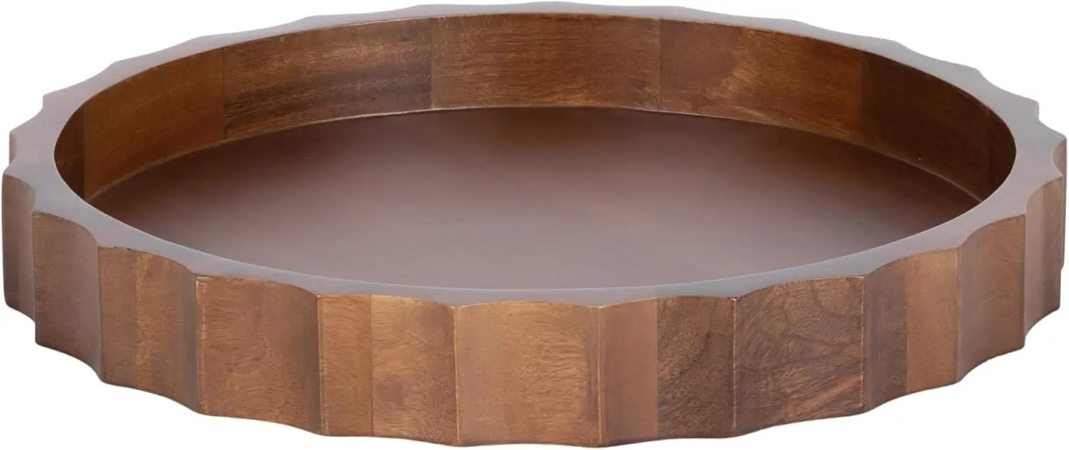 

Lissi Decorative Round Tray with Wavy Design, 15 Inch Diameter, Walnut Brown, Mid-Century Modern Scalloped Circle Serving Tray