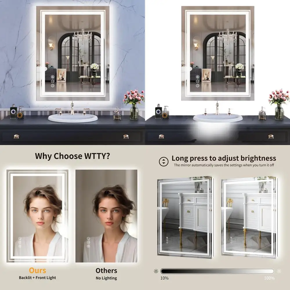 

28x36 Inch Backlit LED Bathroom Mirror with Front Light, Dimmable, Anti-Fog, Memory Function, Shatter-Resistant Vanity Mirror