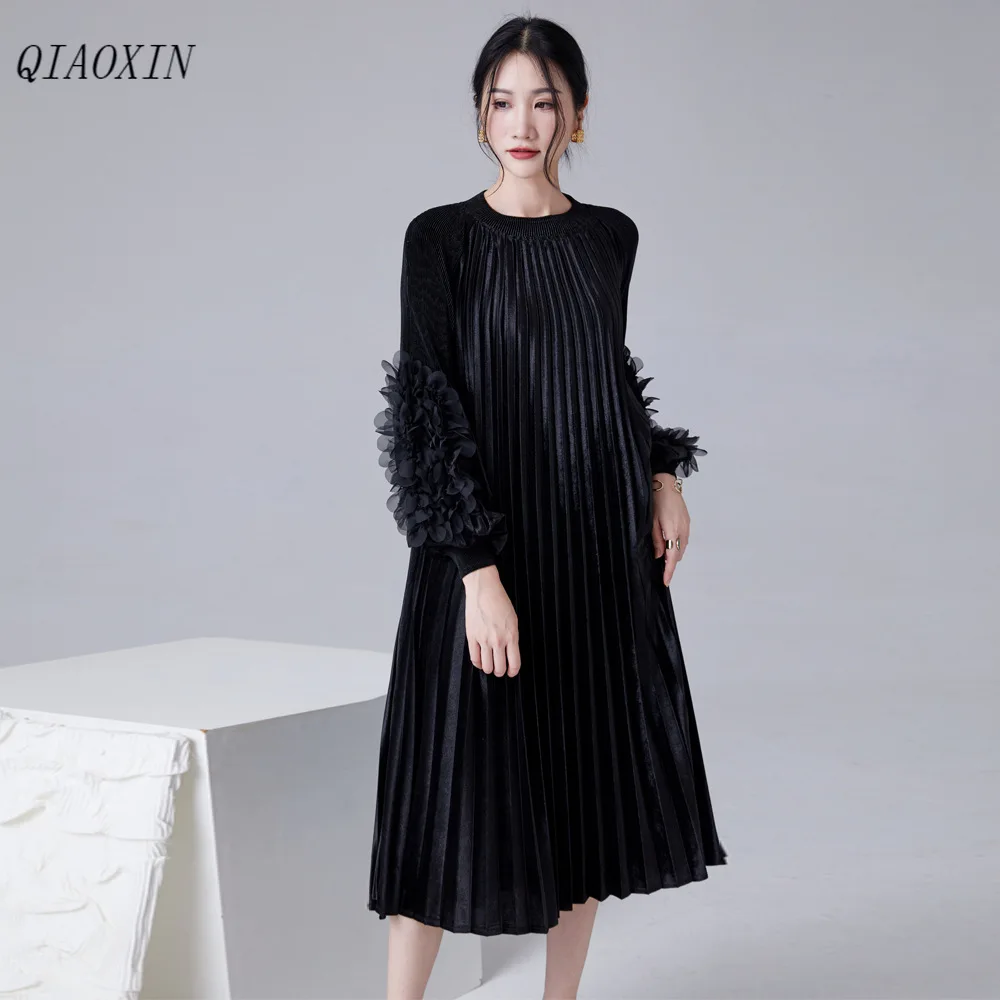 

Miyake Fold 2024 Spring Senior Sensible Waist Dress Lantern Sleeve Atmosphere Embroidered Skirt Female