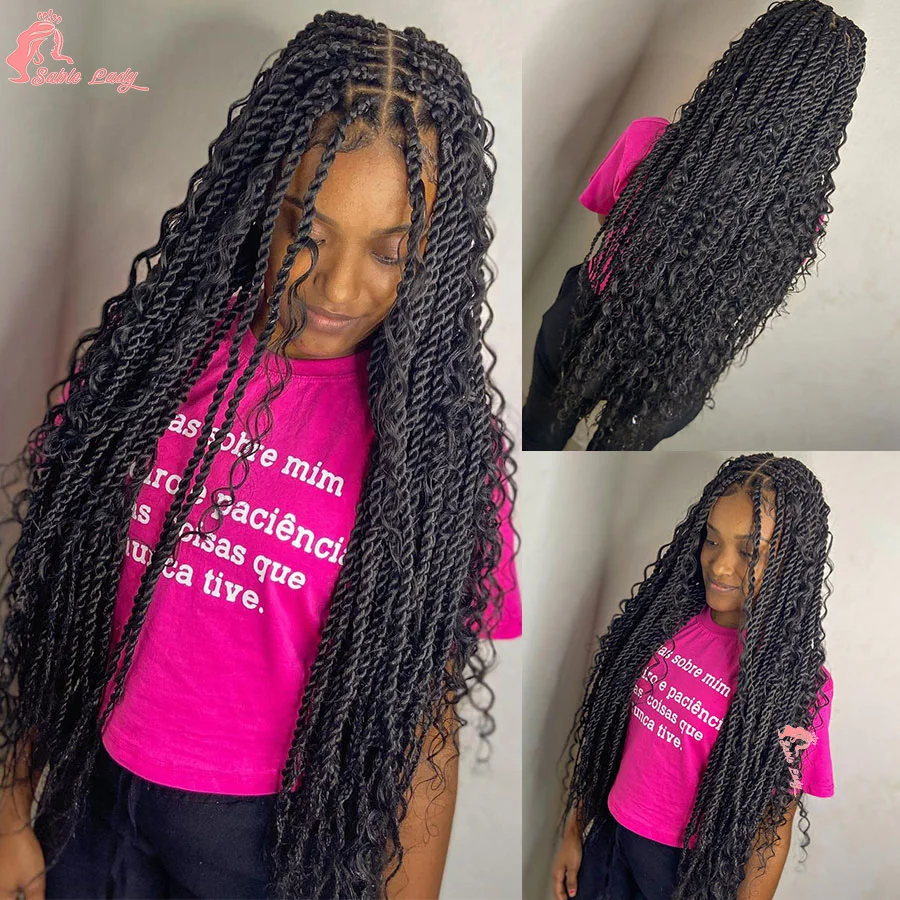 Goddess Boho Box Braided Wigs Synthetic Twists With Curls Ends Knotless Square Part Braids Wig Baby Hair Senegalese Island Twist