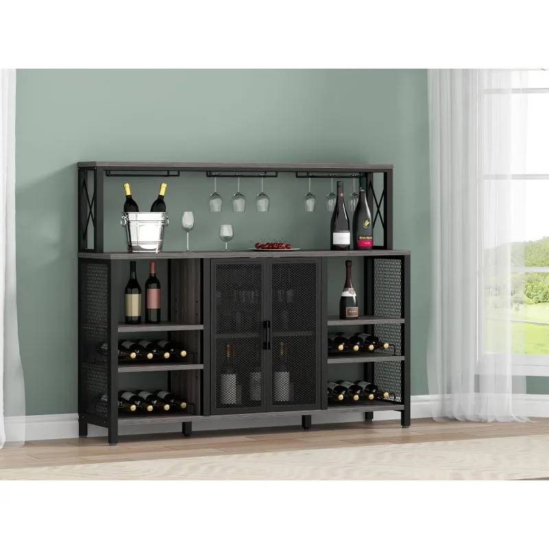 Cozinha Aparador Buffet Cabinet com Wine Rack, 55 Polegadas, Armário De Armazenamento, Indústria De Café