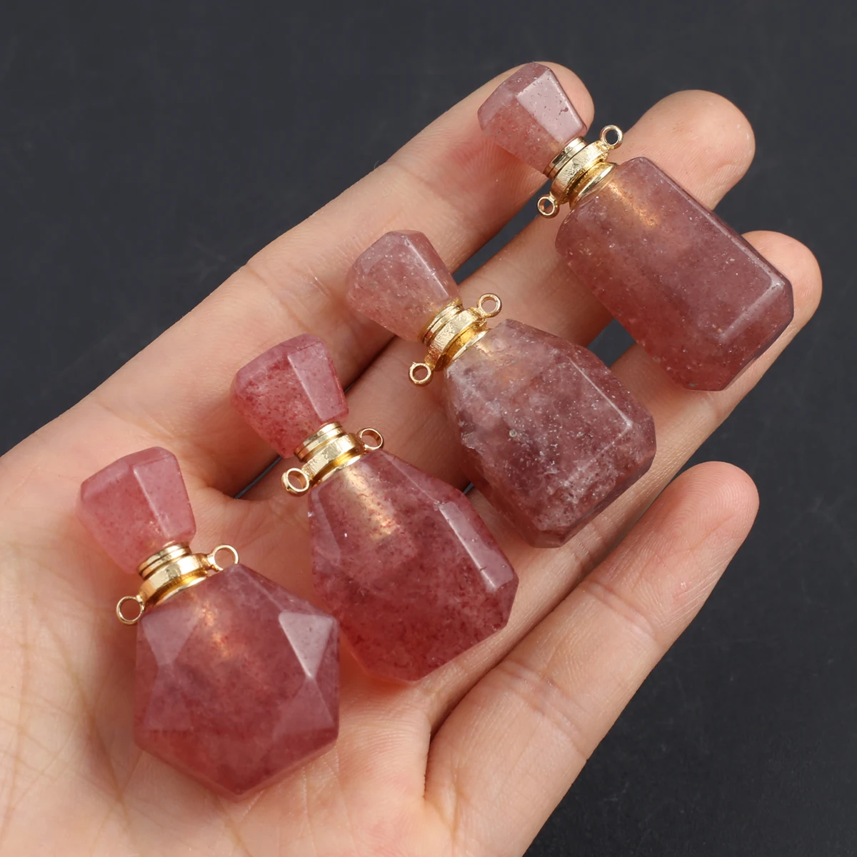 2PCS Natural Stone Strawberry Crystal perfume Bottle Essential Oil Diffuser Pendant DIY Necklace Exquisite Gift for Women