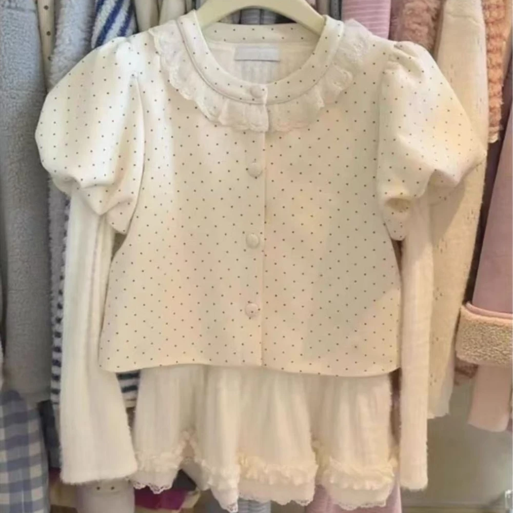 

Sweet Style Polka Dot Fake Two-Piece Long Sleeve Blouse 2025 Winter New Ruffle Puff Sleeve Women's Versatile Top Lolita Girls