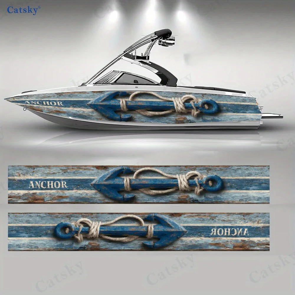 Blue Boat Anchor Hemp Rope on Wooden Board Boat Sticker Vinyl Ship Pontoon Deck Boat Fishing Decorative Pontoon Boats Decal