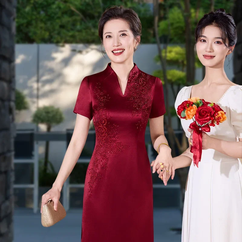 Mid-length summer dress, short sleeve, satin, Chinese style cheongsam, wedding, mother of the bride, evening dress