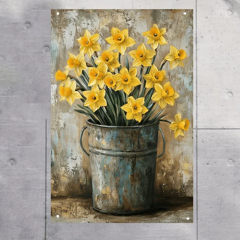 2D Flat, 1pc Vintage Iron Daffodil Wall Art Suitable for Home, Office, Cafe, Garage - Farmhouse Spring Floral Decor with Dist
