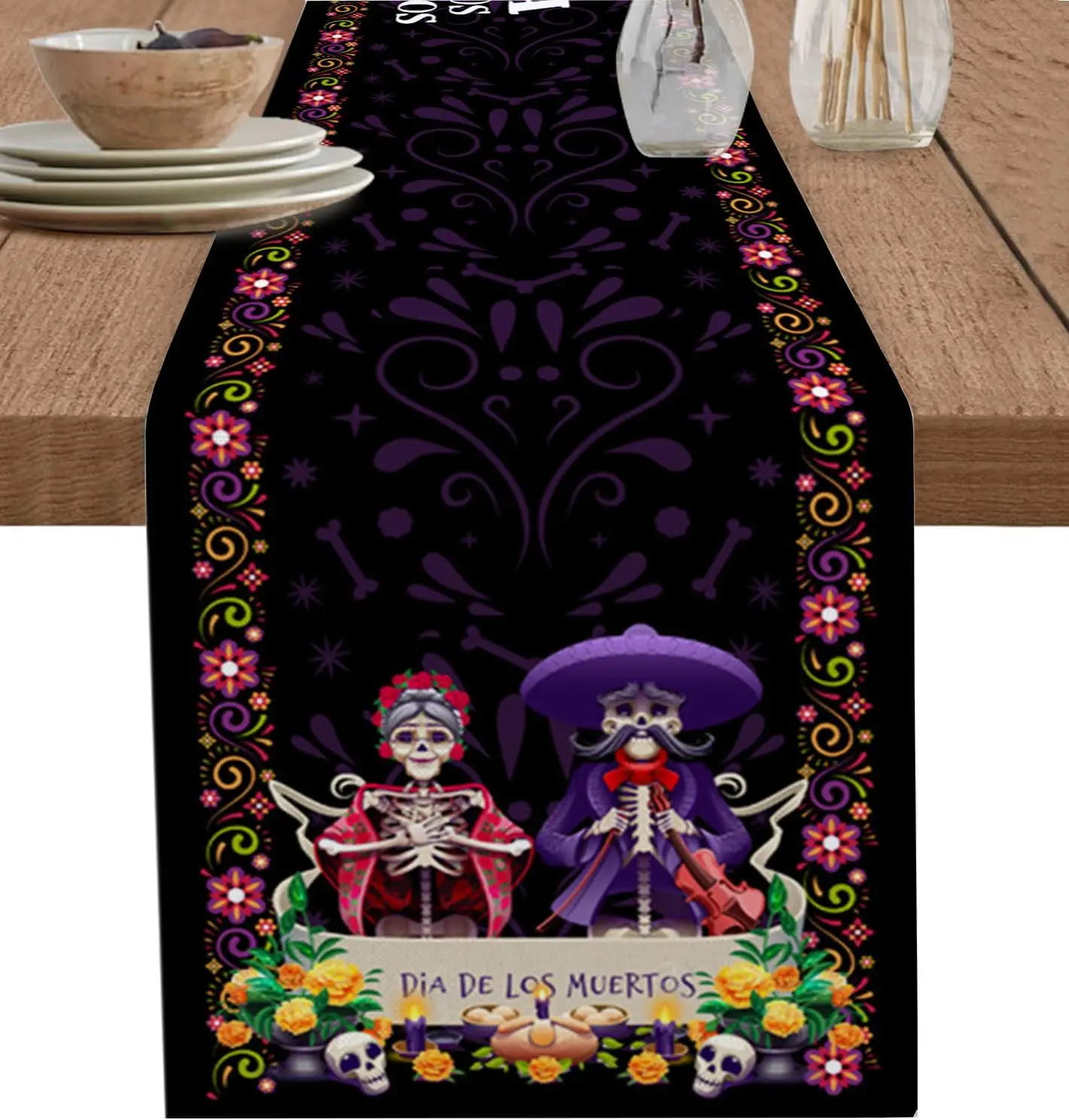 Mexican Dia DE Muertos Skull Flowers Linen Table Runner Mexico Party Decor Day of The Dead Table Runners Halloween Decorations