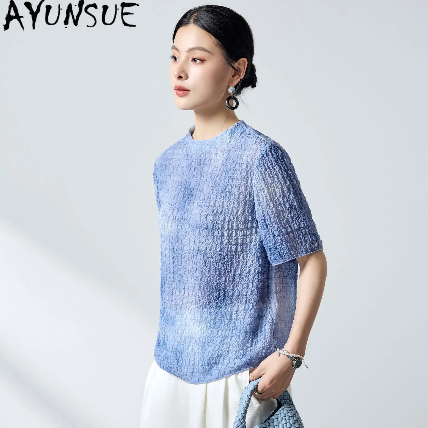 AYUNSUE 96.2% Real Mulberry Silk Tops for Woman 18MM Silk Women T Shirts Unique Tshirt Fashion Women Clothes 2026 Ropa De Mujer