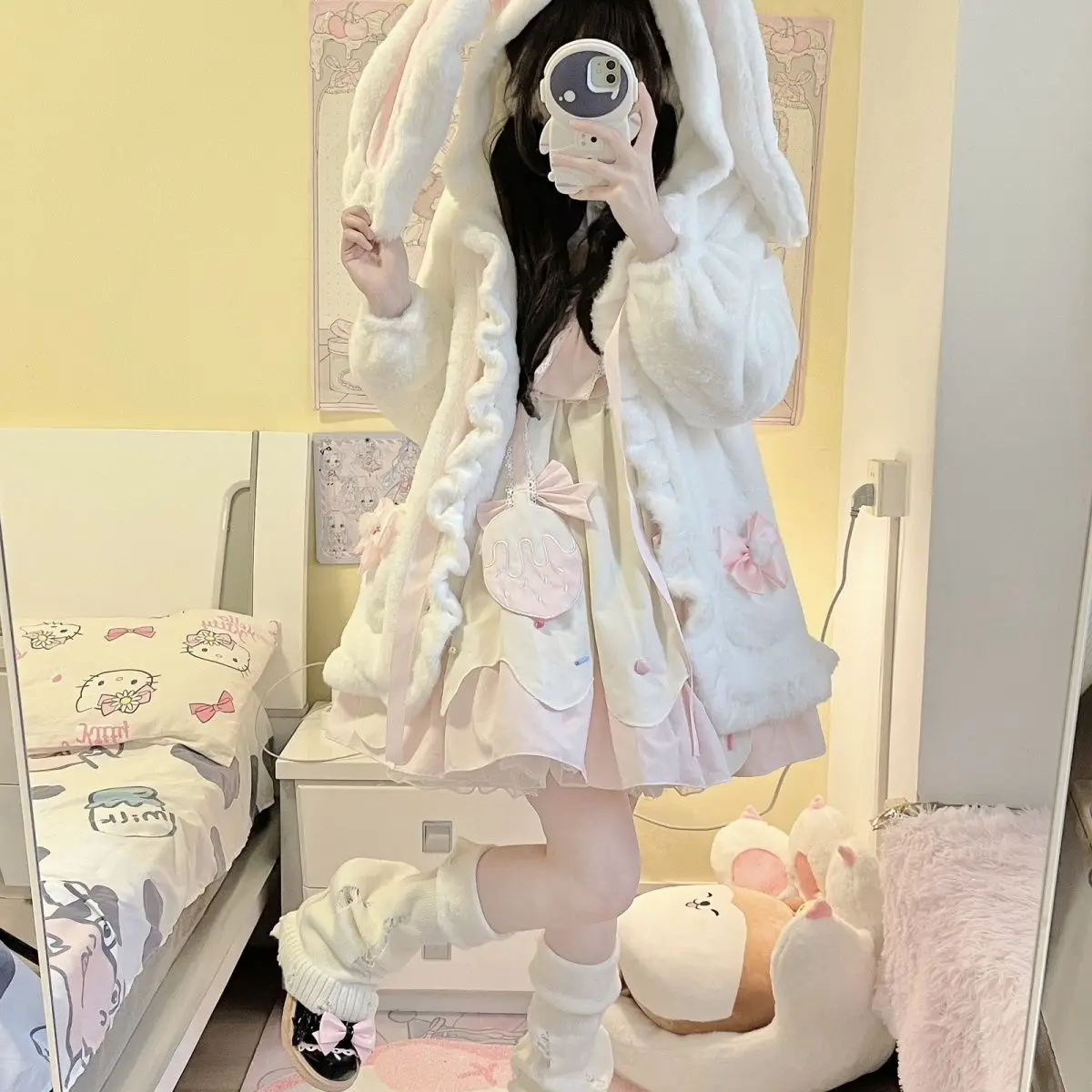 Coalfell Original Orejas de conejo dulce lazo rosa Lolita abrigo corto de felpa lindo JK estudiante Otoño/Invierno Lolita