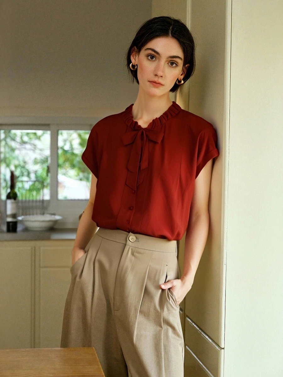 OLrain Women's Summer Shirt Elegant Vintage Red Pleated Tied Neck Short Sleeve Shirts & Blouse 2025 Ladies Tops O57XC98238