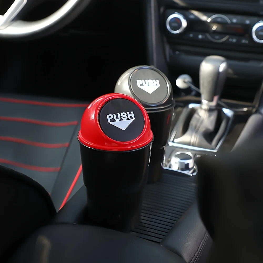 1pc Portable Car Mini Trash Can with Flip-Top Lid, Heavy-Duty Plastic Garbage Bin, Black/Red Options, Vehicle Desk Organization