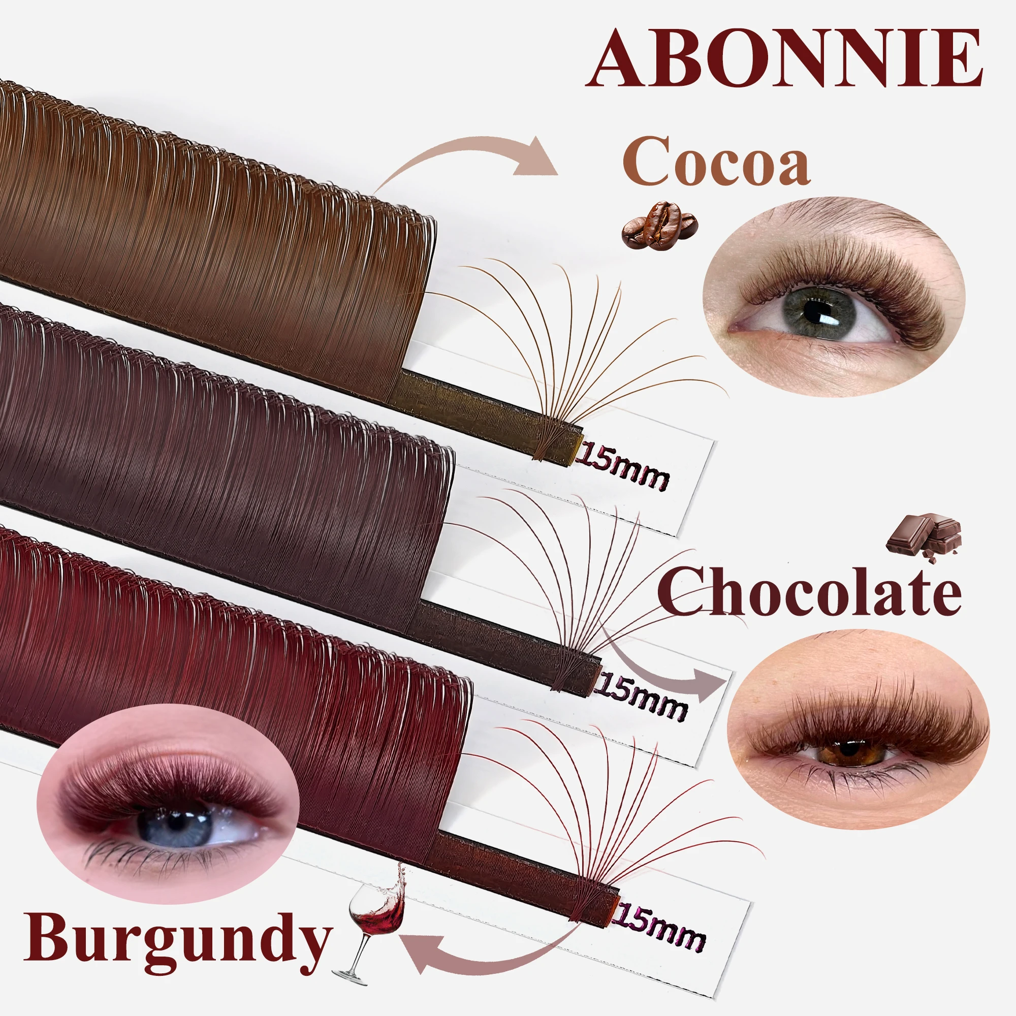 Наращивание ресниц Abonnie Burgundy Lash Blooming Cashmere: коричневые цветные ресницы Easy Fan для объемного наращивания, автоматическое формирование пучков, эффект как сливочное масло
