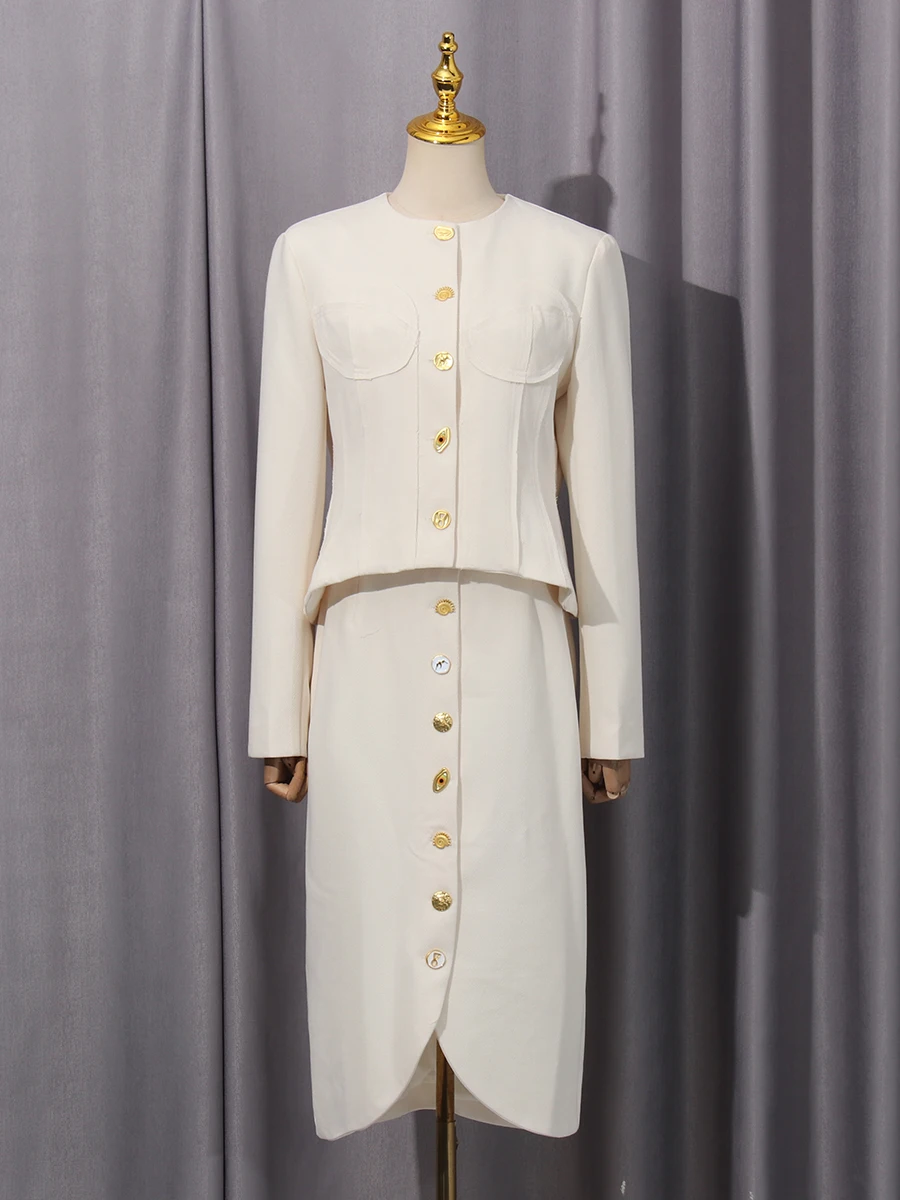 TWOTWINSTYLE, conjuntos de dos piezas adelgazantes de un solo pecho para mujer, Top de manga larga con cuello redondo, conjunto de falda de cintura alta para mujer, nuevo