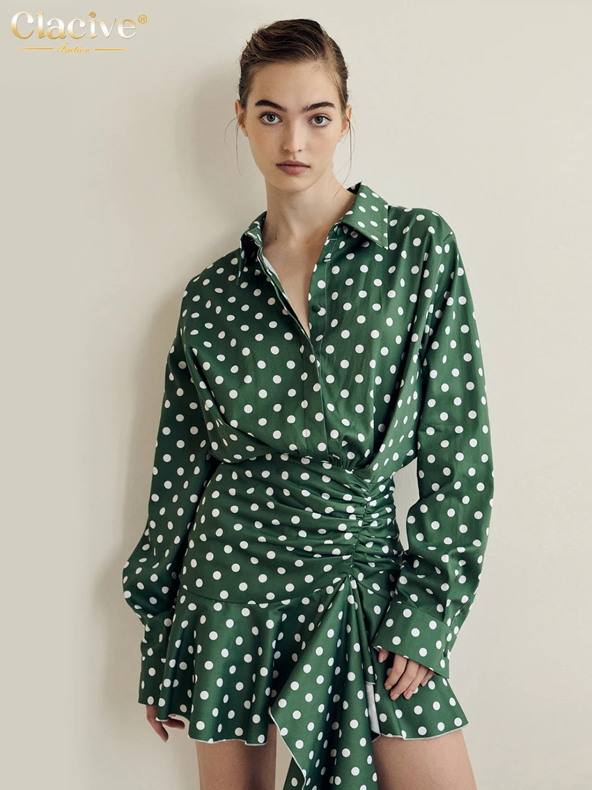 

Clacive Fashion Loose Print Women's Dress Casual Lapel Long Sleeve Mini Dresses Elegant Classic Ruched Female Dress Streetwear