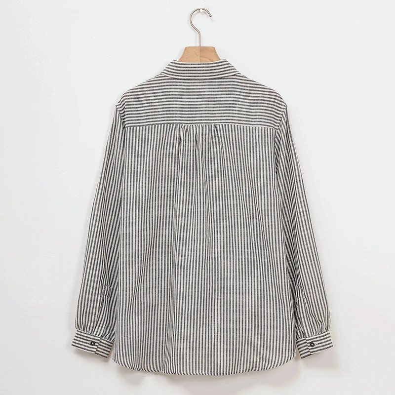 Vintage Linen Striped Women\'s Shirt 2024 Autumn New Ladies Lapel Button Up Casual Loose Long-Sleeved Medium-Length Shirts