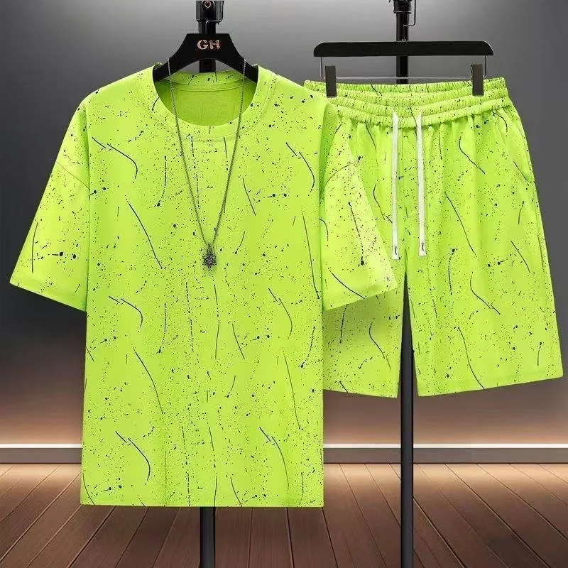 Summer Trend Printed Ice Silk Sports Short-Sleeved T-shirt Set Men's Loose and Comfortable Breathable Large Size Two-Piece Set