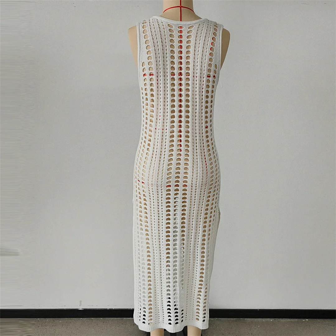 Ärmelloses, einfarbiges, gehäkeltes, gestricktes Tunika-Strandkleid, Strandkleid, Strandmode, Damenmode, K8582 – Detail 9
