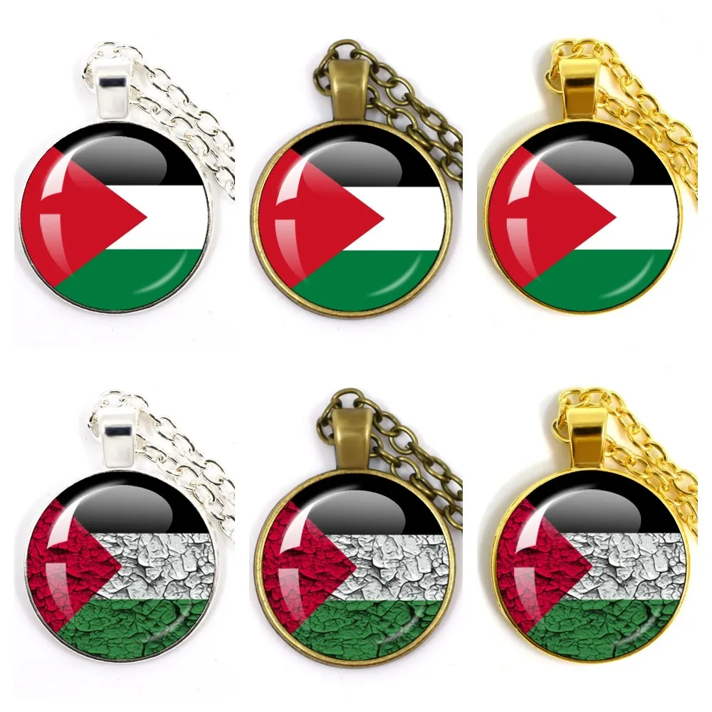 Hot Selling  Personalized Art Patterns Palestine Nation Flag Emblem Necklace  Glass Dome Cabochon Pendant Jewelry Necklace Gift