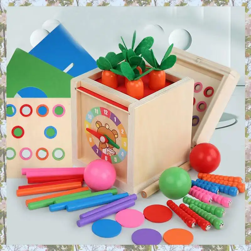 T84C-6-In-1 ไม้ Montessori ชุดวัตถุถาวรกล่องเล่นชุดเหรียญกล่องแครอท Harvest Shape Sorter Ball DROP Dur
