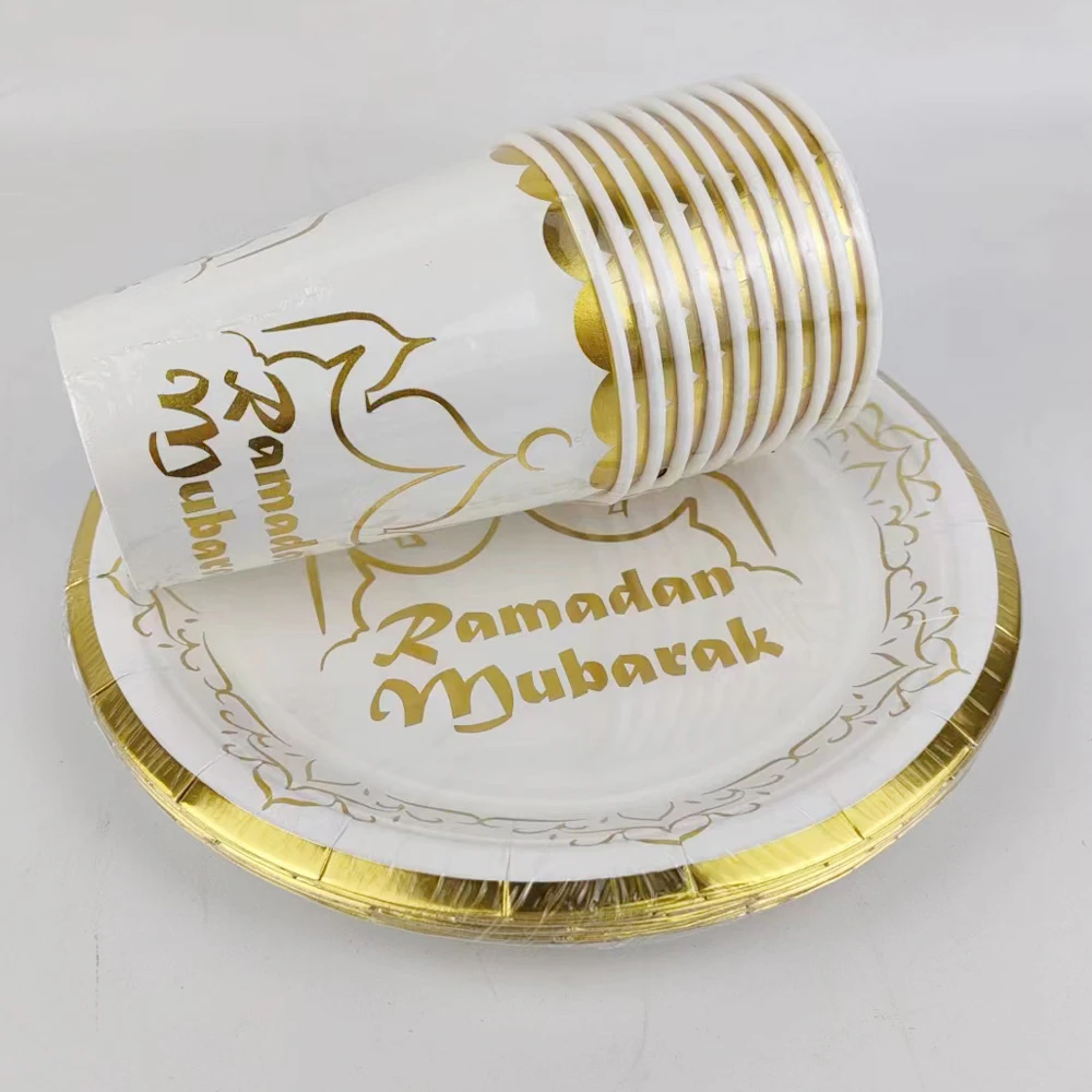 20pcs/lot Ramadan Mubarak 7inch Paper Plate and 250ml Paper Cup For EID Party Decoration