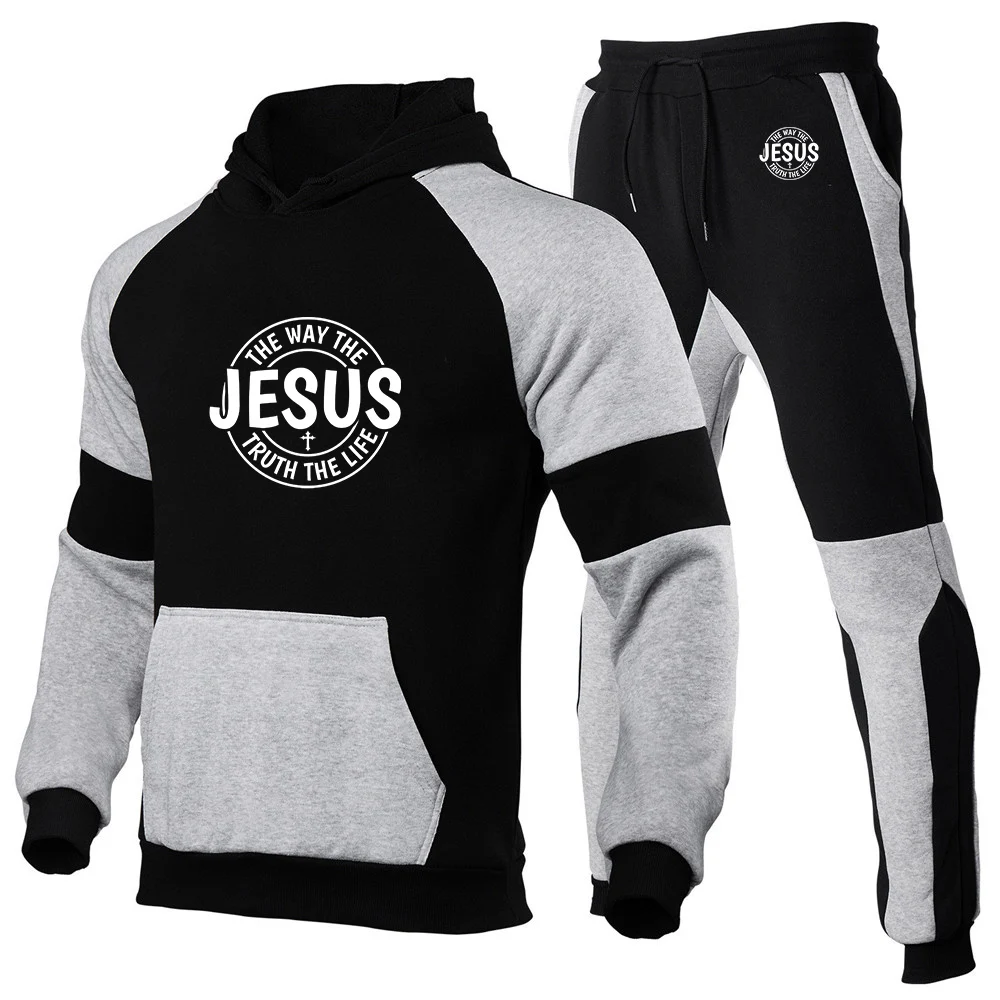 

Jesus Way Truth Life Letter Print 2026 Spring And Autumn Men's New Patchwork Casual Hoodie + Trouser Harajuku Suit