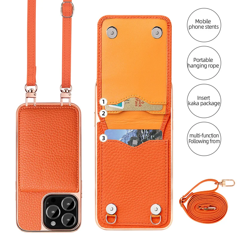 Vietao Leather case for iphone 15 14 13 pro max 14plus Orange leather crossbody Flip Card holder phone case