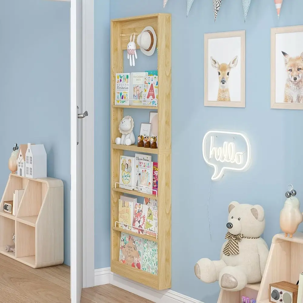 

5-Tier Kids Bookshel, Wall-Mounted Book Shel with Adjustable Shelves & Hooks, Wooden Kids Bookshel and Toy Storage, Space-Saving
