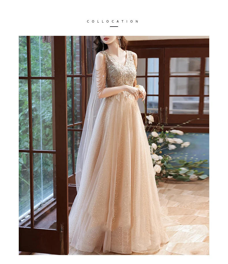 

Luxury Champagne Evening Dress With Shawl Elegant V-neck A-line Tassel Sleeves Beading Lace Up Long Prom Celebrity Gowns Formal