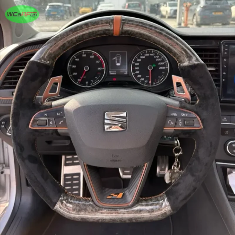 Funda de Volante de Cuero de Carbono Forjado Negro con Trenzado de Gamuza para Seat Leon Cupra Leon ST 2013-2019 Ateca Cupra Ateca FR 2016