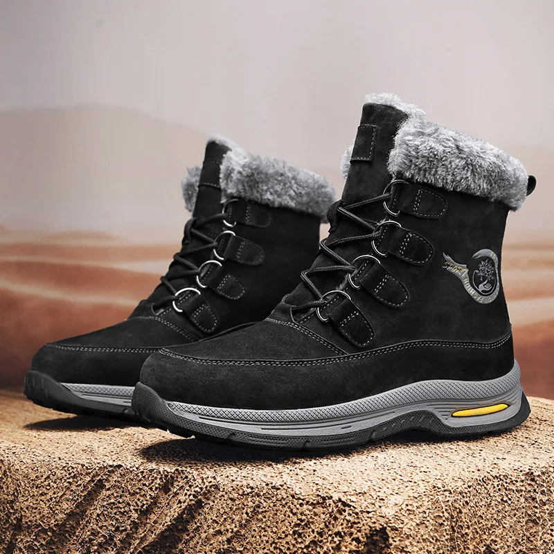 Genuine Leather Men’s High Top Snow Boots, Winter Fleece Lined Cold Resistant Warm Platform Outdoor Thermal Cotton Shoes forMale