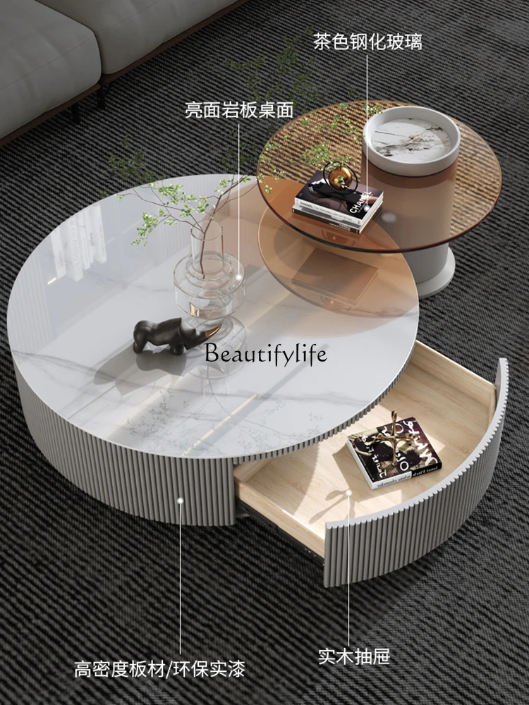 Pandora Stone Plate Coffee Table Italian Minimalist Tempered Glass Size round Tea Table