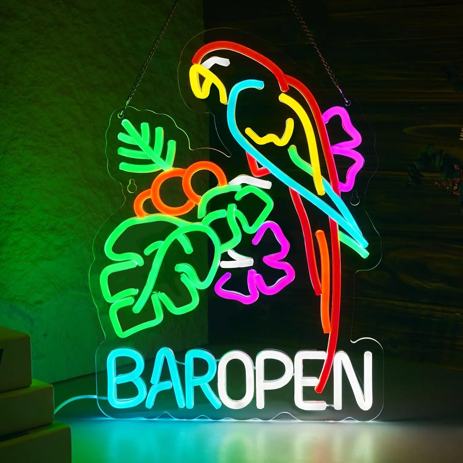 Parrot Tropical Leaves Bar Open LED Neon Sign USB Neon Light,Christmas Bar Wall Decor Lamp, Beach Home Pub Party Decoration Gift