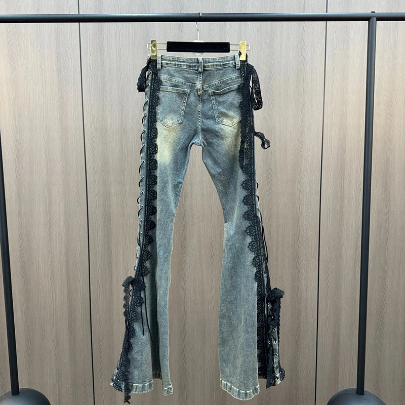 الدانتيل يصل مضيئة الجينز الرجعية غرزة الدانتيل شعيرات ضئيلة منخفضة الارتفاع سبليت Bootcut السراويل النساء جرس قيعان الشارع الشهير