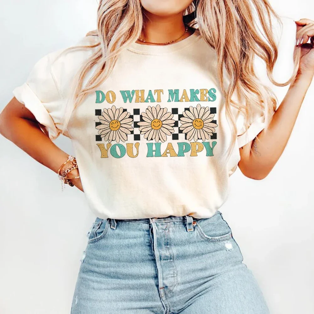 Street O-Neck T-Shirt Loose Cartoon Do What Make You Happy Letter Printed Pattern Casual Versatile T-Shirt Summer Travel T-Shirt