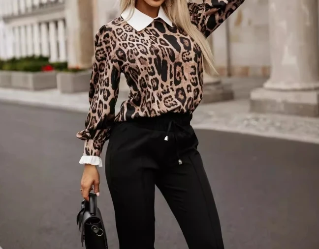 Women's autumn new long sleeved shirt fashionable imitation double leopard print long sleeved shirt shipped within 48 hours