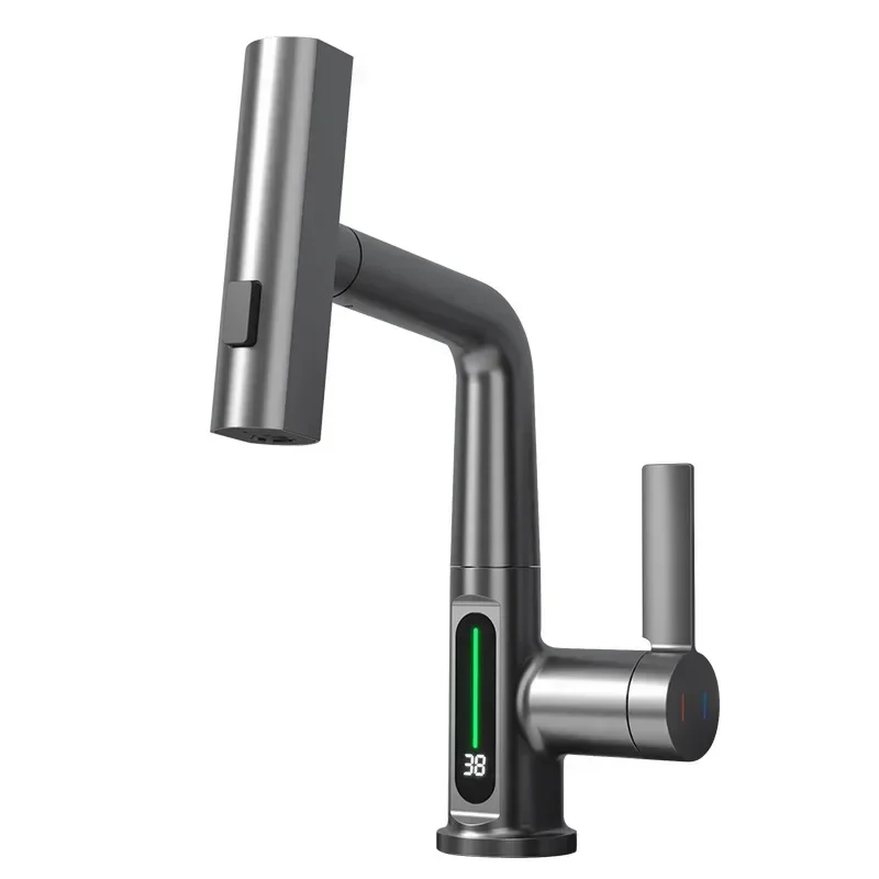 

Waterfall Basin Faucet with Digital Temperature Display Lift Sprayer Hot Cold Water Sink Mixer Tap for Bathroom Home Decor
