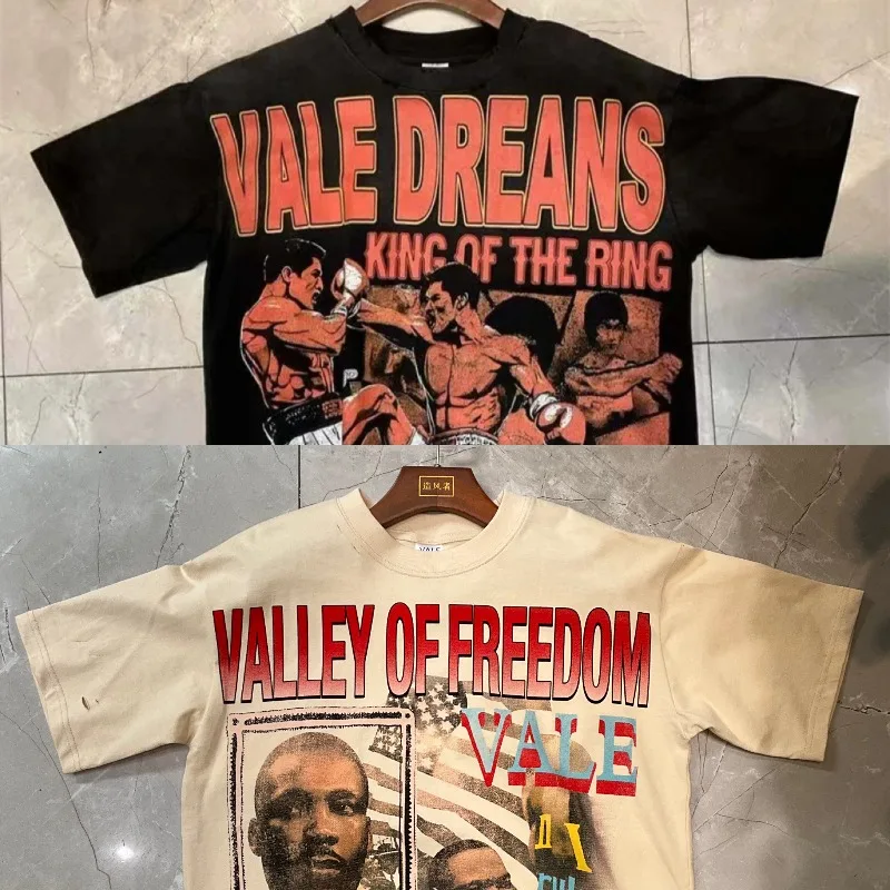

Real Photos Vale Boxing match print Shirts Shirts American-style black washed VALLEY Short Sleeves Top Tees