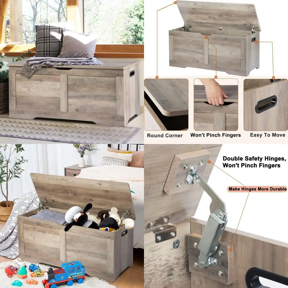 

Grey Wooden Storage Bench with Lift Top and 2 Safety Hinges, Large Toy Chest for Living Room and Bedroom