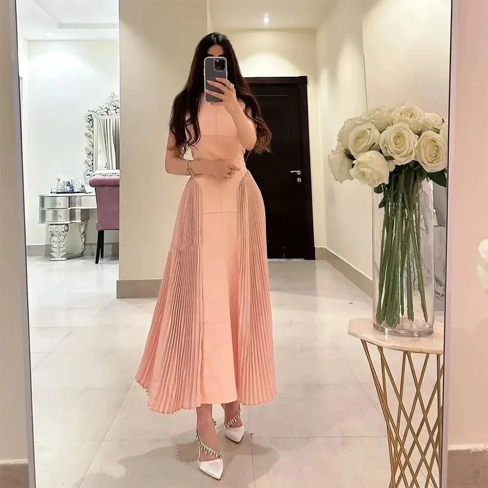 

Oisslec Dubai Saudi Arabia Ankle Length Prom Dresses Women Wear Crew Neck Sleeveless Pleats Birthday Party Robes Cocktail Dress